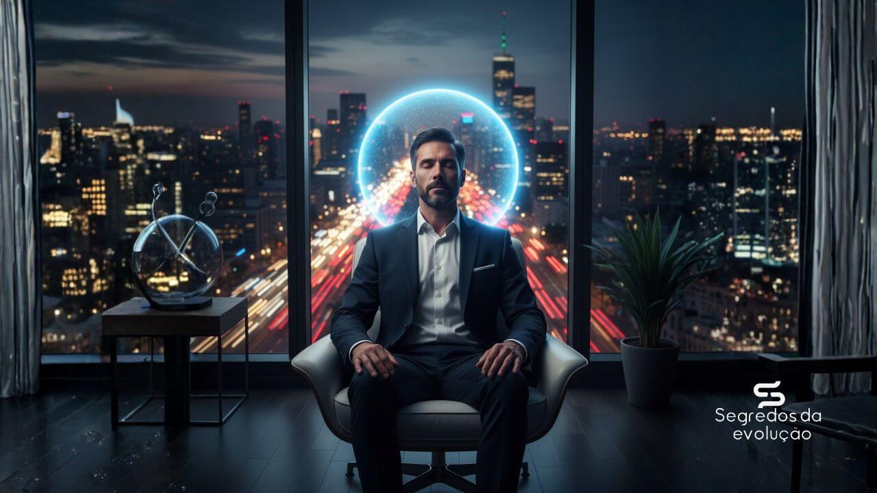 Empreendedor meditando em seu escritório, com uma bolha de luz azul na cabeça simbolizando foco e clareza mental em meio ao caos da cidade.