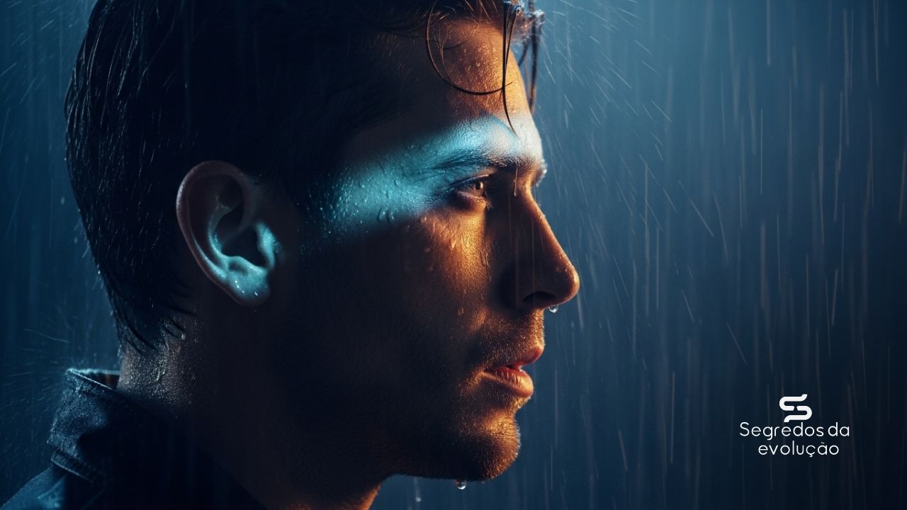 Rosto de homem em perfil sob chuva intensa iluminado por uma luz azul, representando a resiliência e adaptação mental em tempos de crise.
