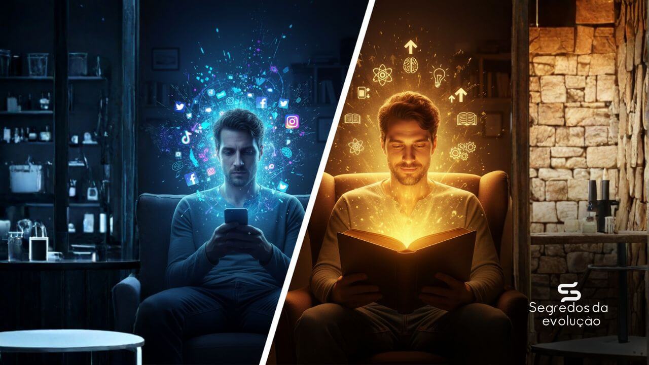 Homem comparando os efeitos da leitura com o "brain rot"; à esquerda, ele está drenado com ícones de redes sociais; à direita, ele está focado e evoluindo com um livro brilhante.