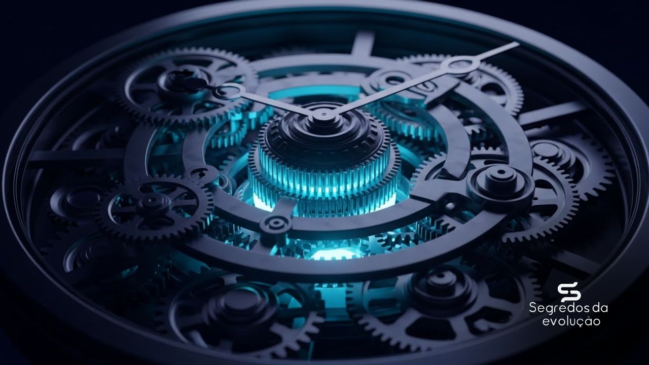 Mecanismo complexo de relógio com engrenagens expostas iluminadas em azul, simbolizando o sistema de gestão do tempo para líderes.