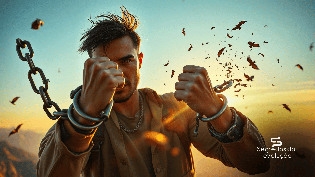 Homem empreendedor quebrando correntes em seus pulsos ao amanhecer, simbolizando a libertação de uma vida estagnada e o poder da evolução pessoal.