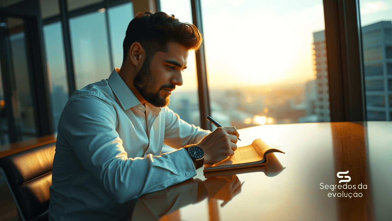 Homem empreendedor escrevendo seus valores pessoais em um caderno, em um escritório moderno ao amanhecer, representando o autoconhecimento e o propósito