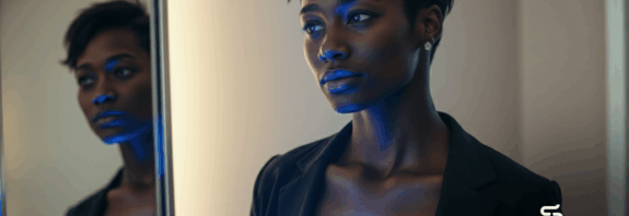 Empreendedora com brilho azul no peito simbolizando autoestima, autoconfiança e autoconhecimento, olhando para frente com determinação.