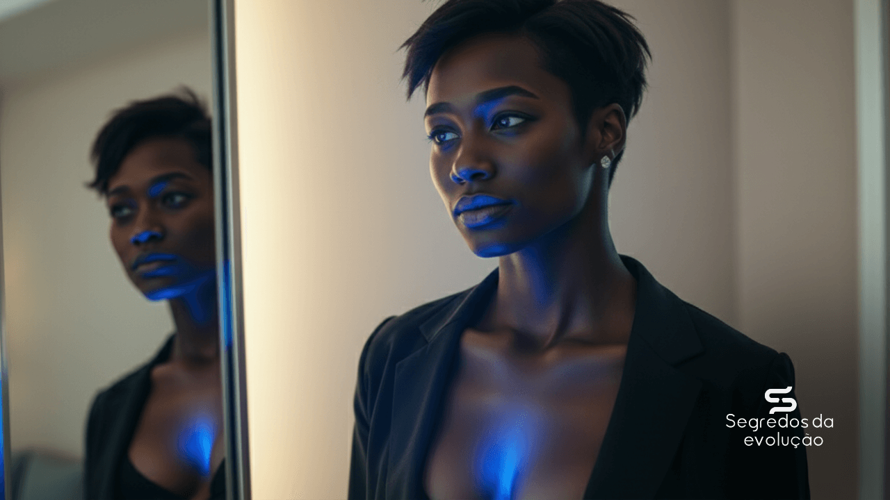 Empreendedora com brilho azul no peito simbolizando autoestima, autoconfiança e autoconhecimento, olhando para frente com determinação.