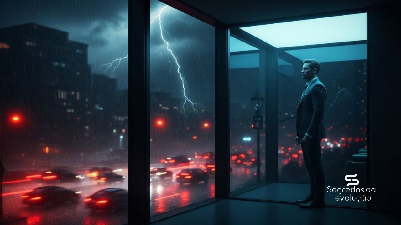 Líder observando a tempestade urbana de uma janela, representando o controle emocional no caos.