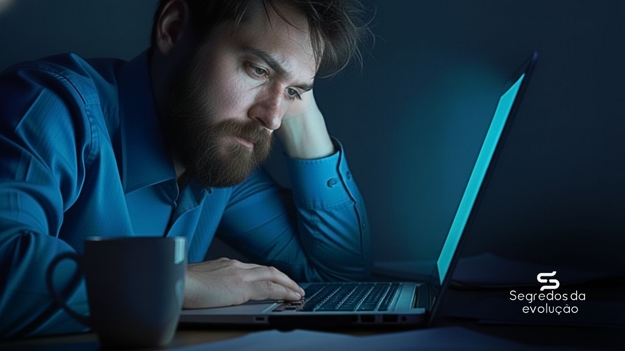Empreendedor com aparência exausta, cabelo bagunçado e barba por fazer, olhando fixamente para a tela do notebook em um escritório escuro, ilustrando a Síndrome de Burnout.